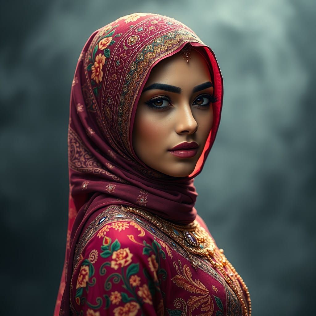 Ethereal Beauty in Islamic-Inspired Hijab, with Vibrant Flor...