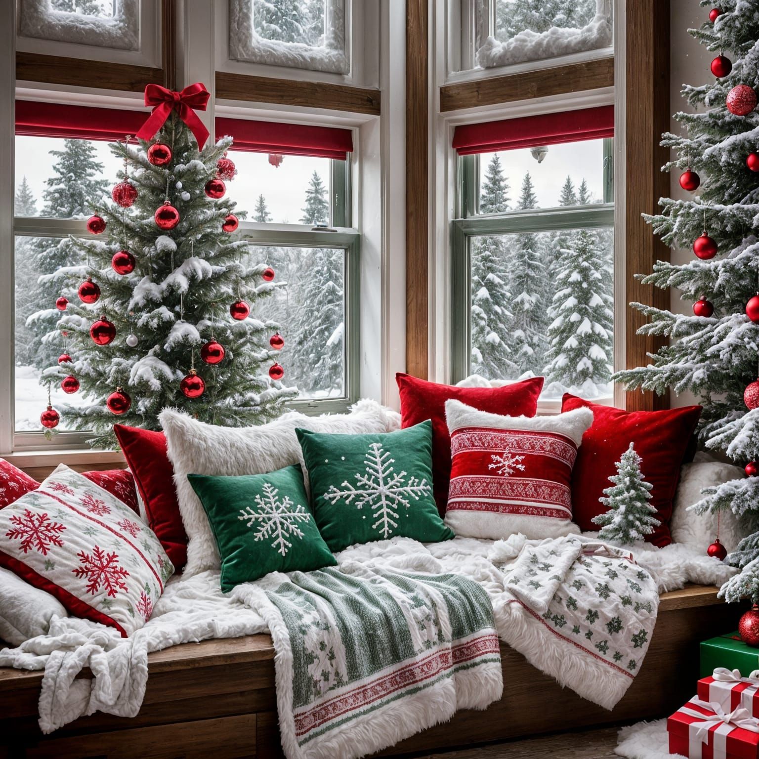 Cozy Snowy Christmas Scene with Red and Green Accents