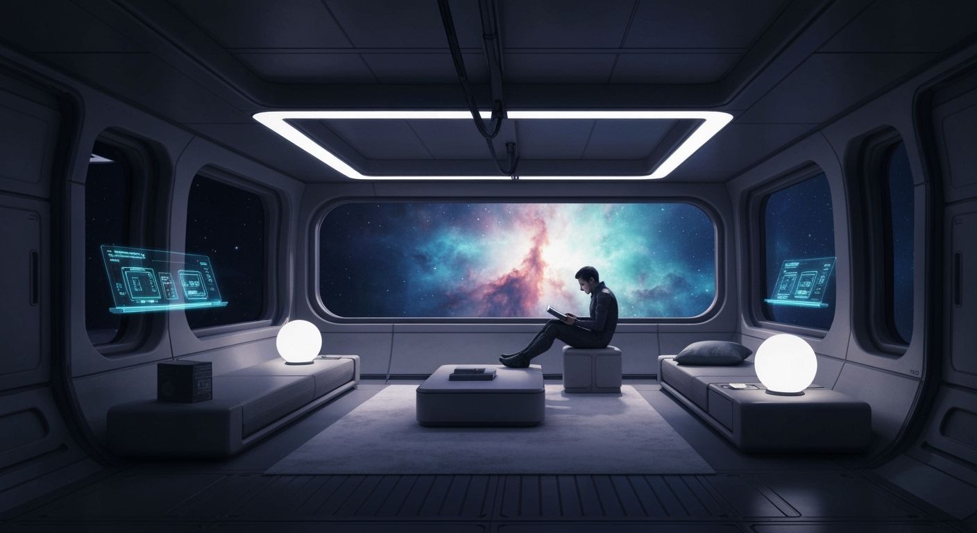 Cozy Sci-Fi Reading Nook with Nebula View