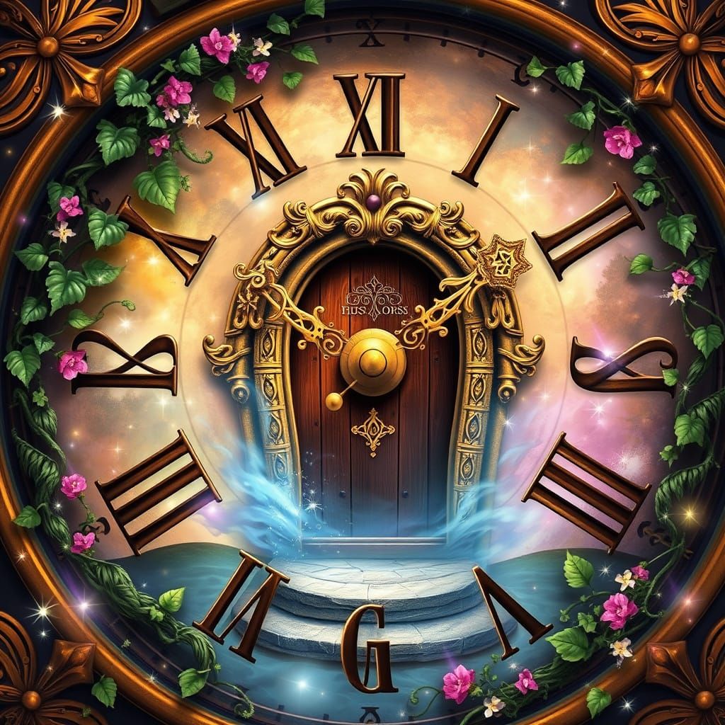 Fantasy Clock with Enchanted Door in Dreamy Style