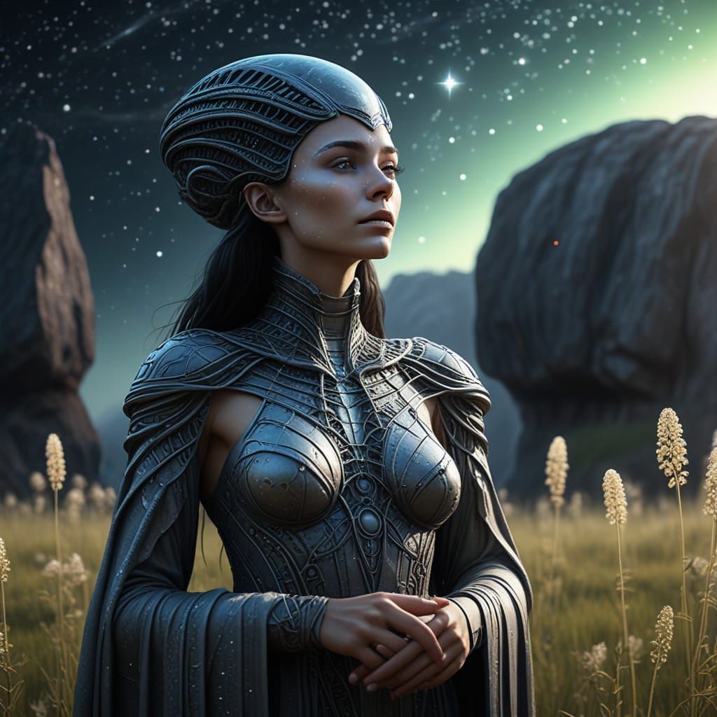 Ethereal Alien Priestess Amidst Ancient Megaliths Under Star...