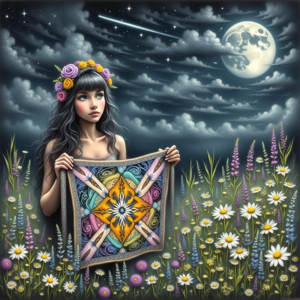 Hippie Woman with Crochet Blanket Under Starry Sky