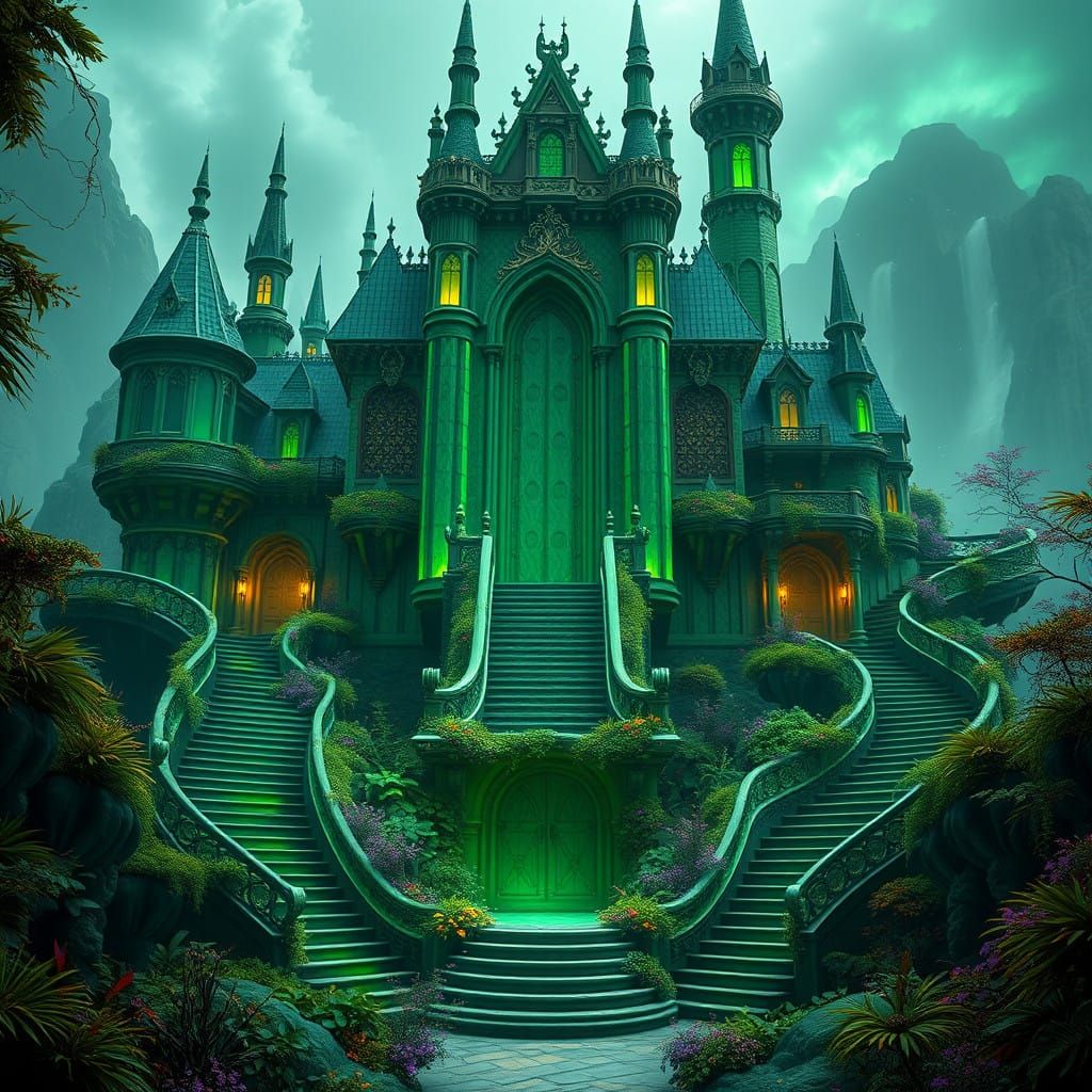 Emerald Castle Ascends Amidst Vibrant Foliage in Cyberpunk F...