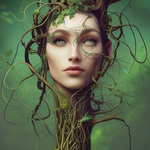 Treant Cyborg Woman Portrait in Hyperdetailed Style
