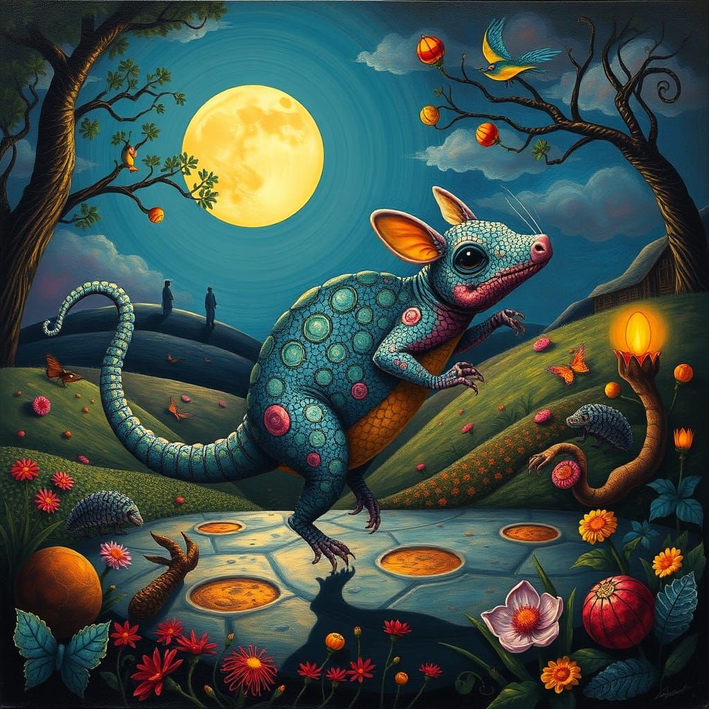 Armadillo's Moonlit Dance in Surreal Landscape