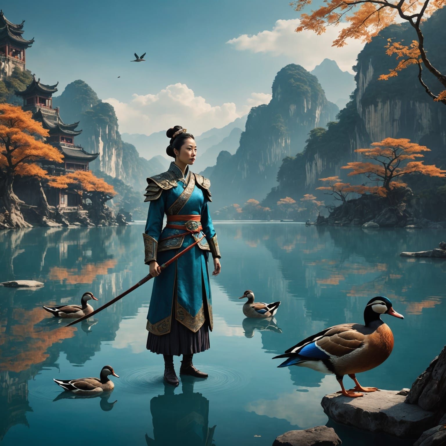 Asian Princess Warrior with Giant Duck in Neo-Impressionism