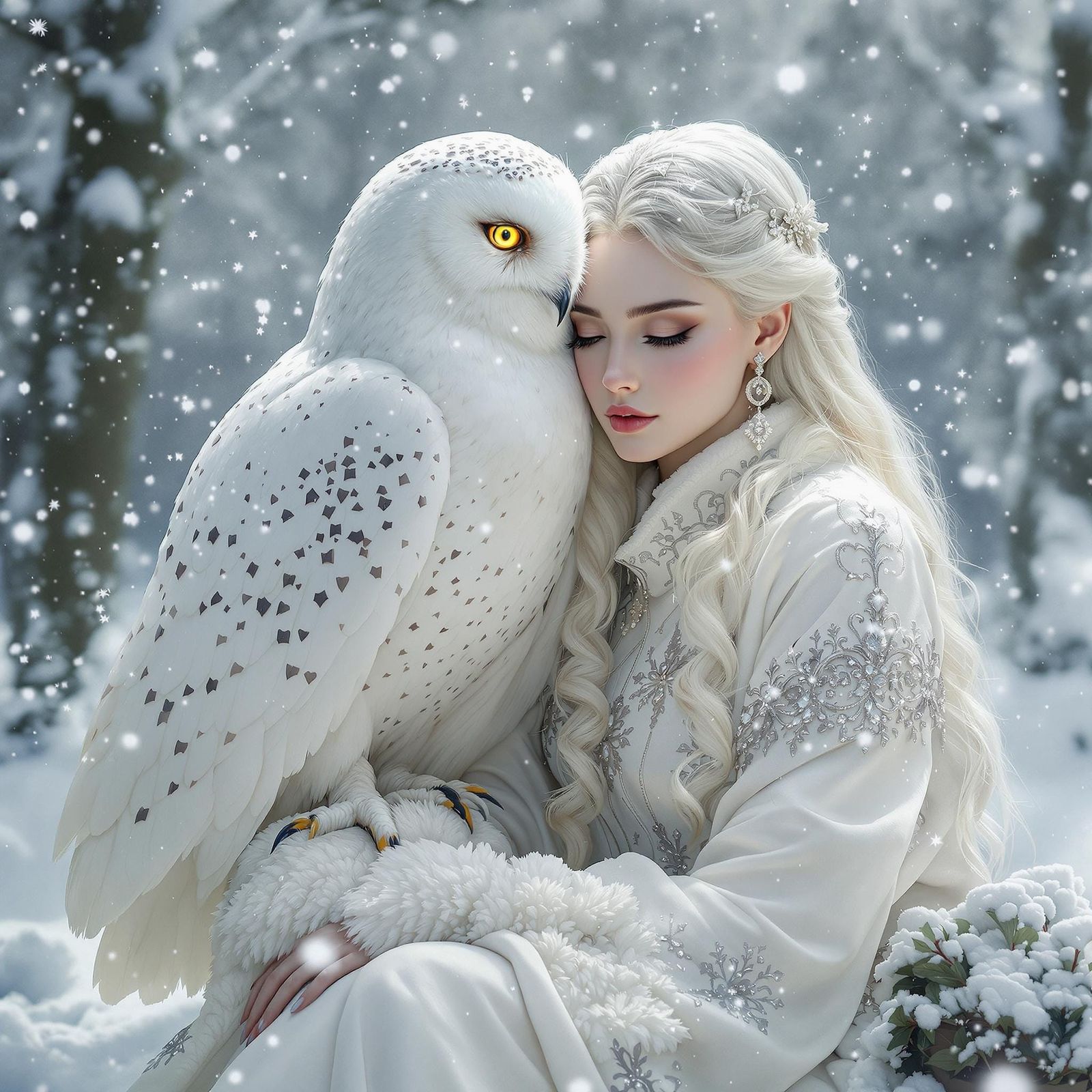 Ethereal Snow Queen with Majestic Owl in Winter Wonderland
