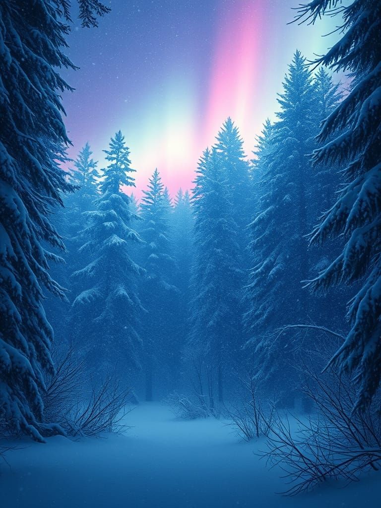 Mystical Forest Blizzard with Neon Aurora Lights