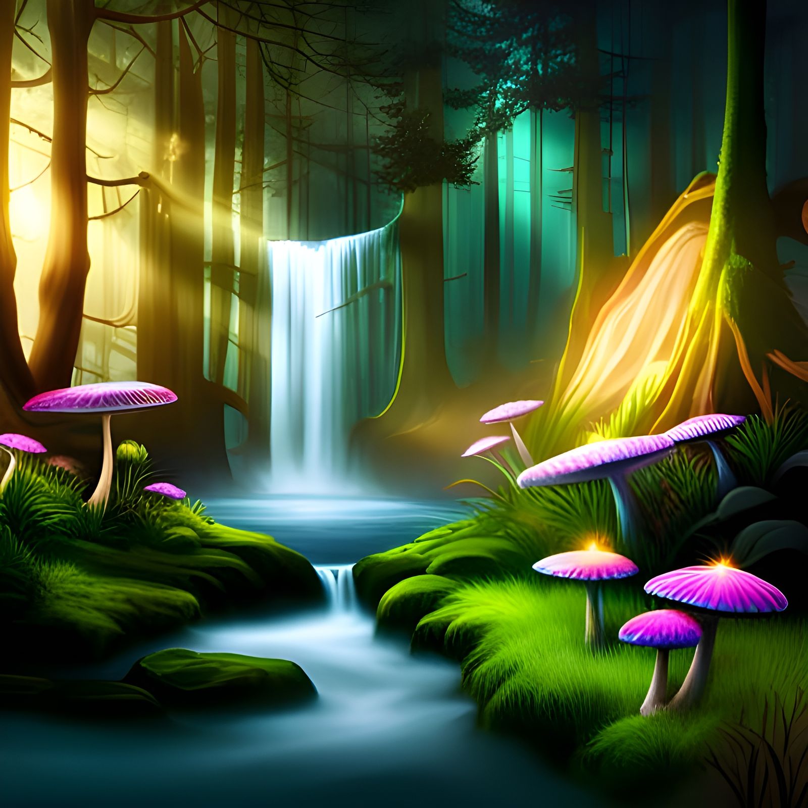 Enchanted Forest with Sparkling Mushrooms in Matte Painting