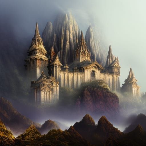 Epic Mountain Monastery in Fog: Detailed Matte Painting