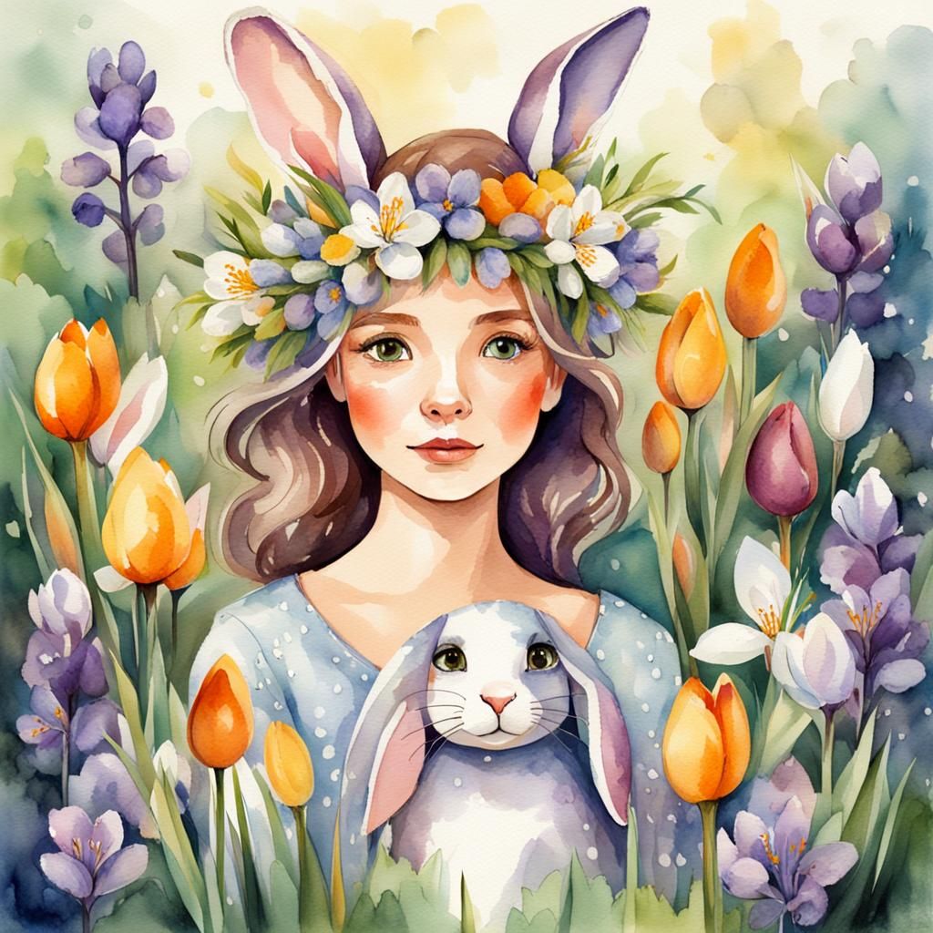 Lady Spring with Flowers and Bunny in Watercolor