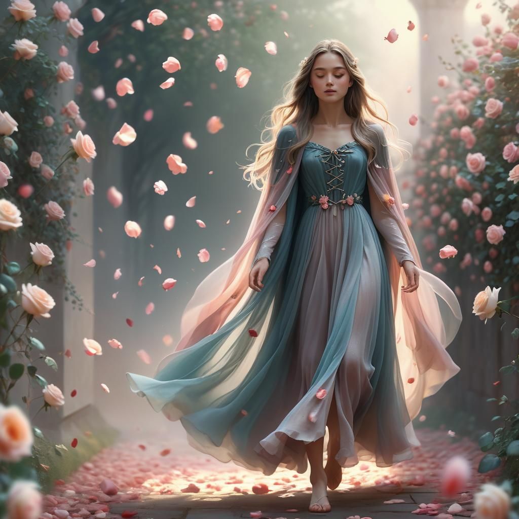 Woman Walks Amidst Falling Roses: Ethereal Concept Art