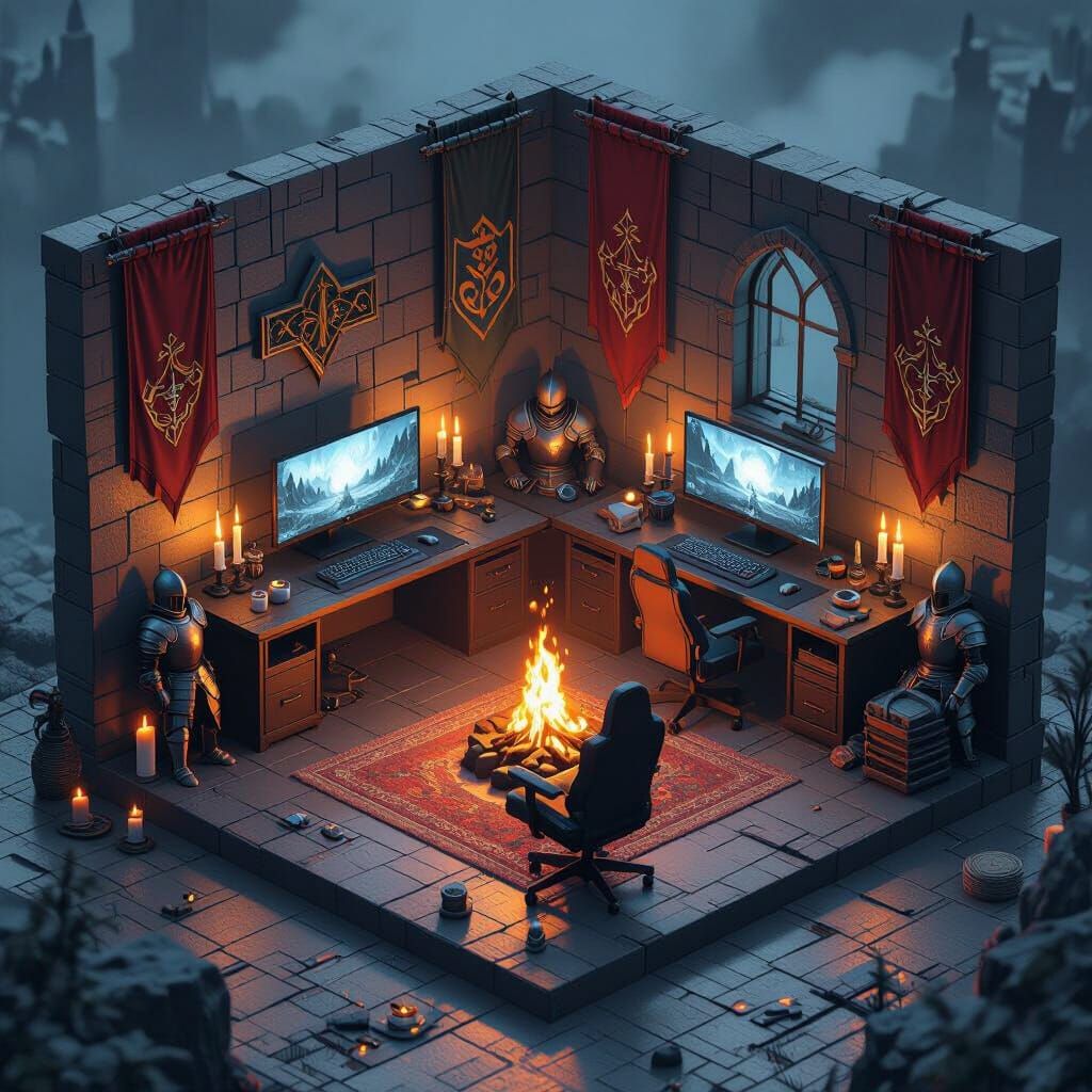 Dark Souls Gamer Room: Isometric Modern Medieval Fusion