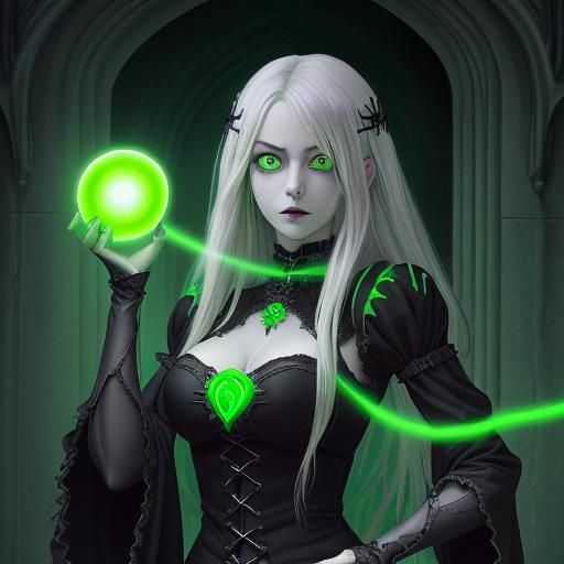 Silver Haired Necromancer with Glowing Eyes in Anime Style
