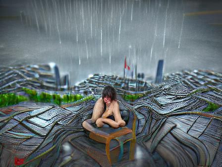 Crying Person in Rainy City: Hyperrealistic 8K Render