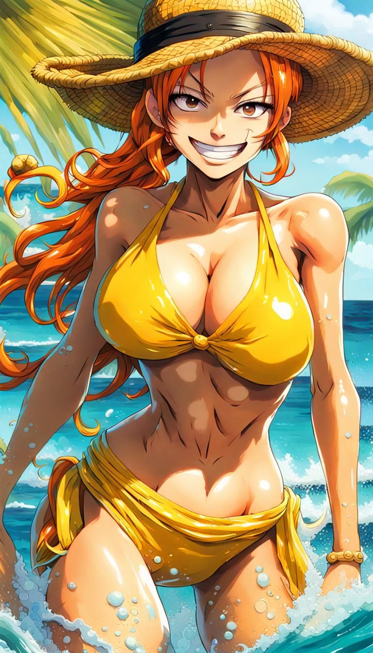 Hyperrealistic Nami in Yellow Bikini on Tropical Beach