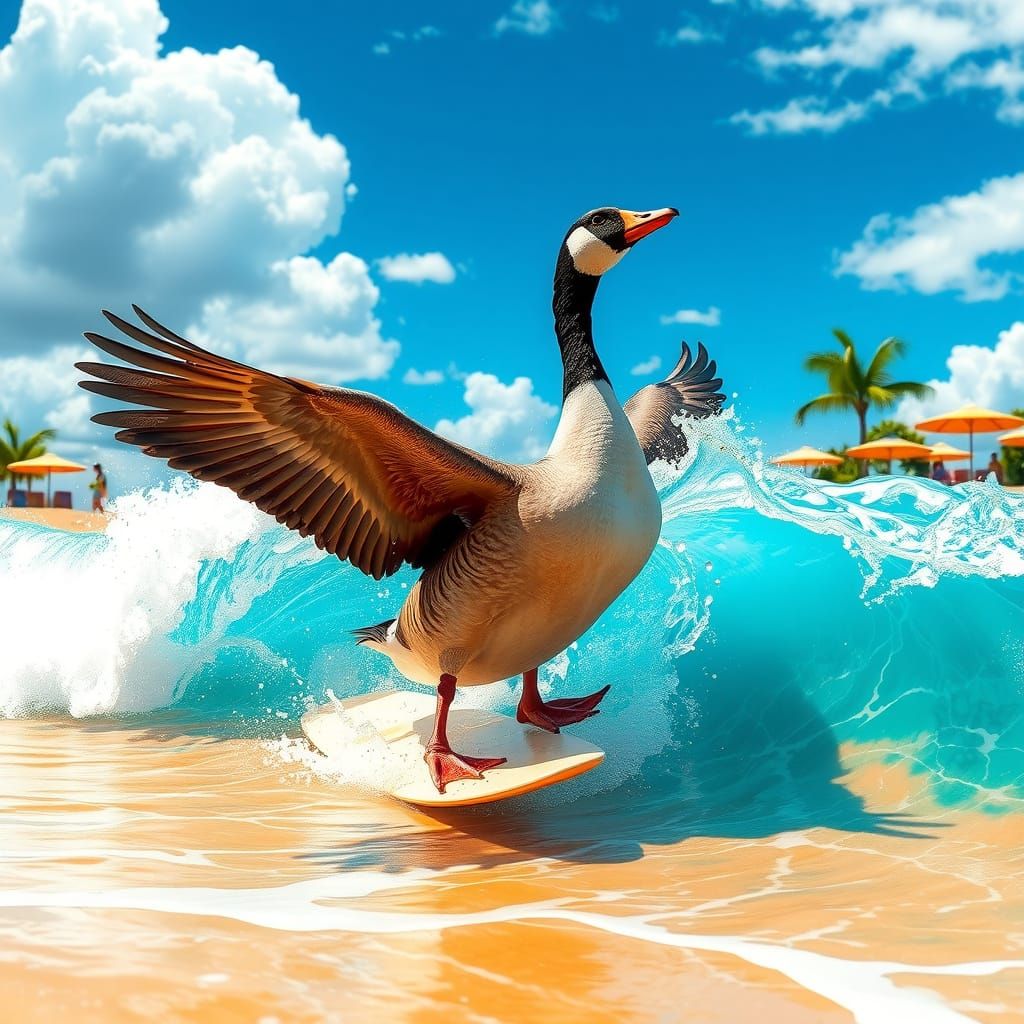 Vibrant Tropical Paradise with Surfing Canadian Goose