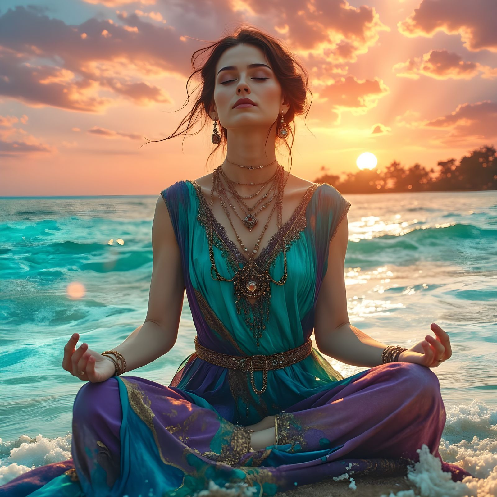 Woman Meditating on Beach at Sunset in Vintage Dress