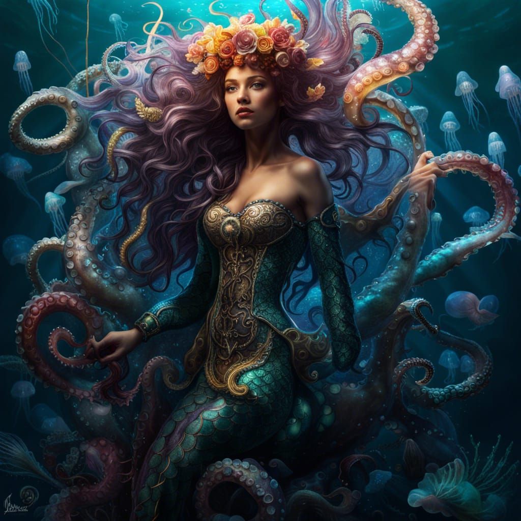 Luminescent Mermaid-Medusa in a Hyperdetailed Fantasy Artwor...