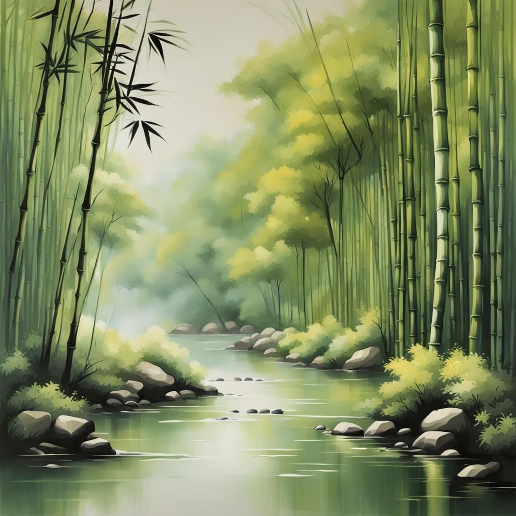 Bamboo Forest Stream in Chinese Oil Painting Style