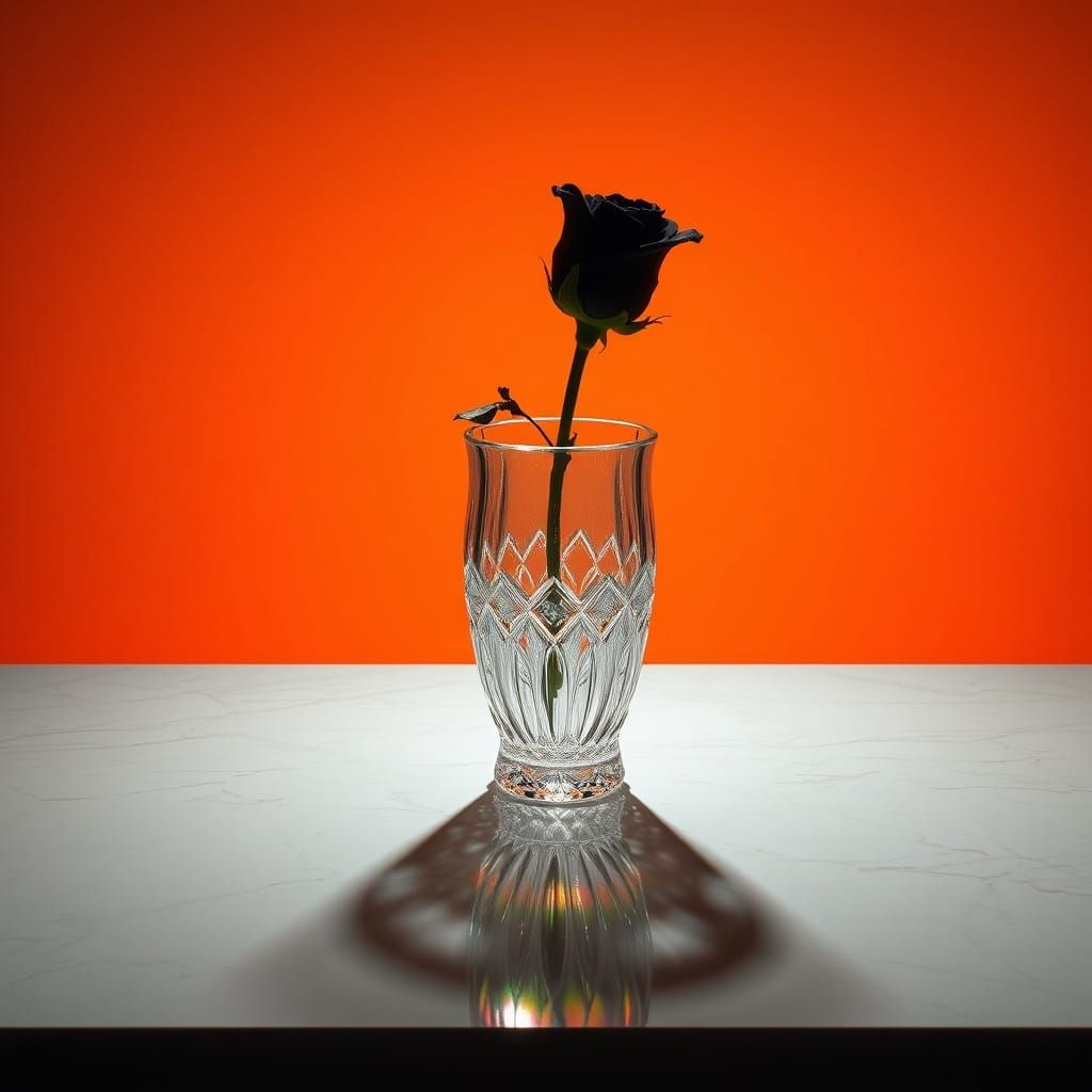 Crystal Vase Holds Black Rose on Marble Table