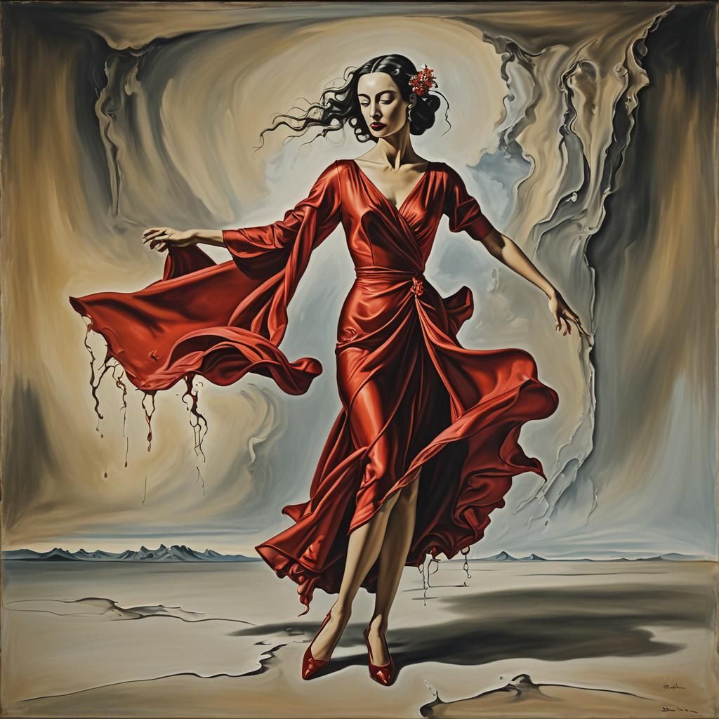 Surreal Dancer in Red Silk Dress, Dali Style