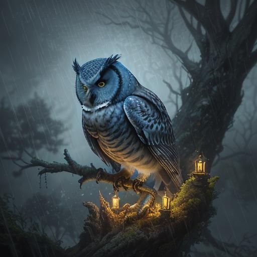 Wise Owl Sheltering Chicks in Storm: Digital Matte Painting