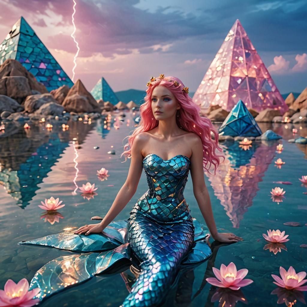 Golden Mermaid with Pink Hair in Glass Garden