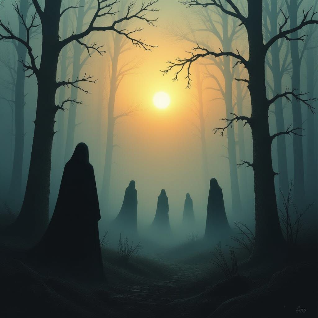 Ethereal Forest: A Haunting Dawn in Beksiński Style