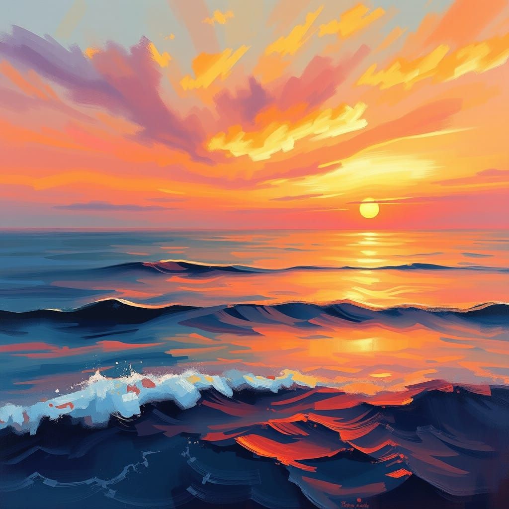 Ethereal Sunset over the Ocean in Vibrant Impressionist Colo...