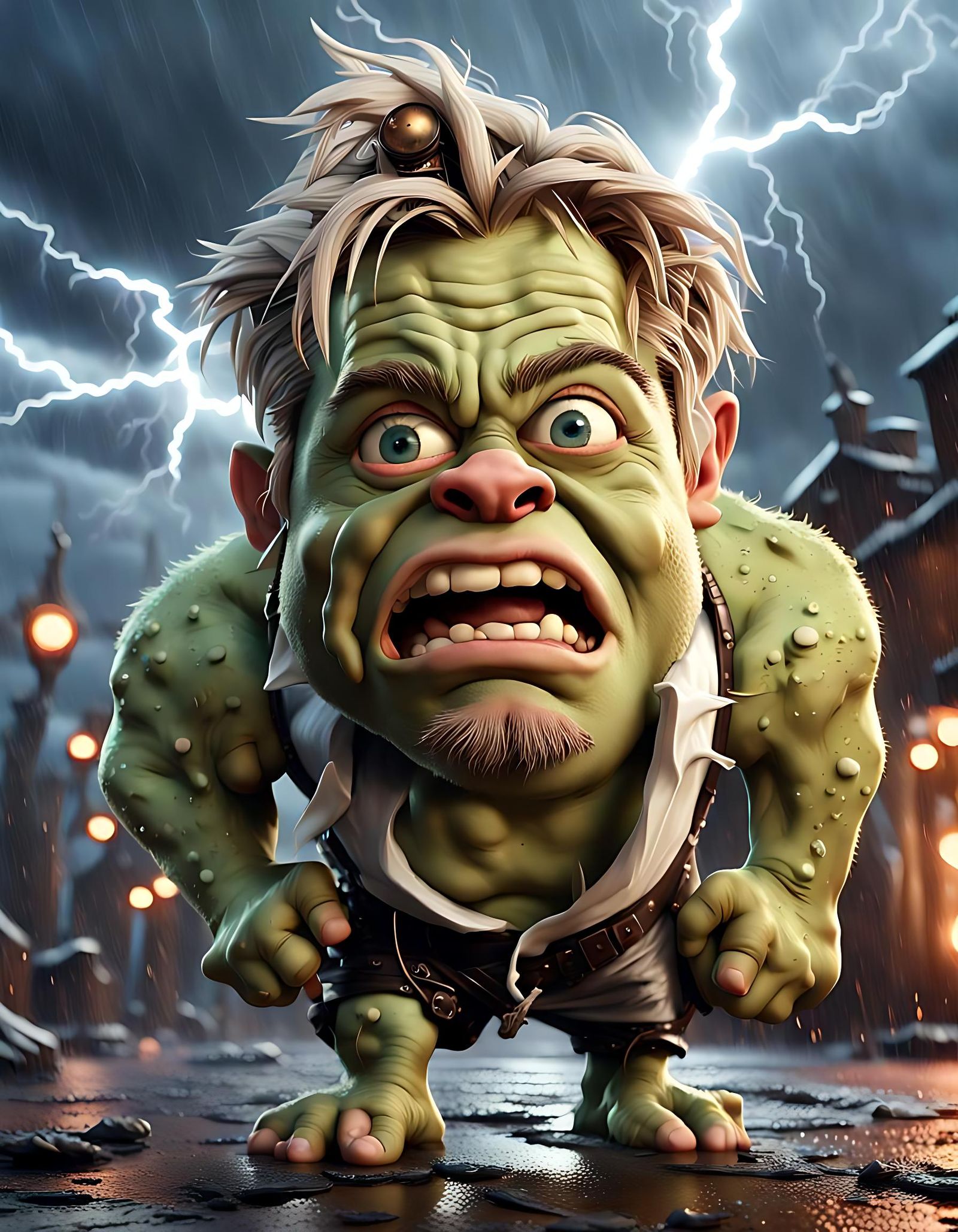 Ogre-like Brad Pitt with Stormy Lightning, Hyperrealistic