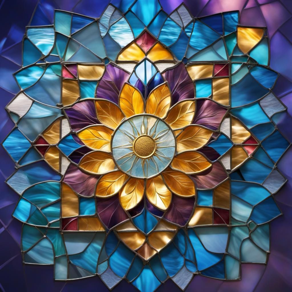 Stained Glass Abstract with Geometric Shapes and Landscape