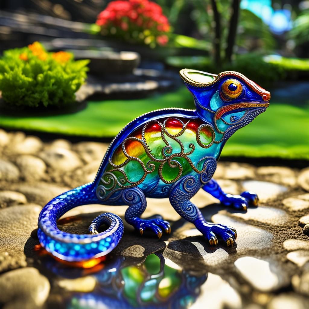 Enamelled Glass Chameleon Figurine: Garden Scene