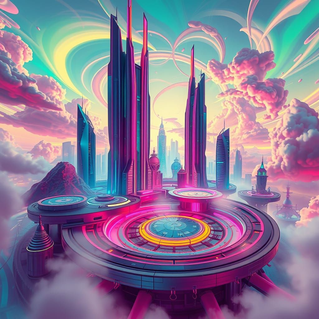 Futuristic Gyroscopic Landscapes in a Neon Dreamscape