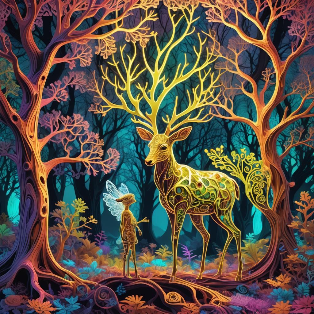 Luminous Angel and Bambi in Fluorescent Woodland