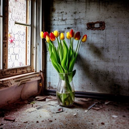 Tulips in Abandoned Building: Professional Photography