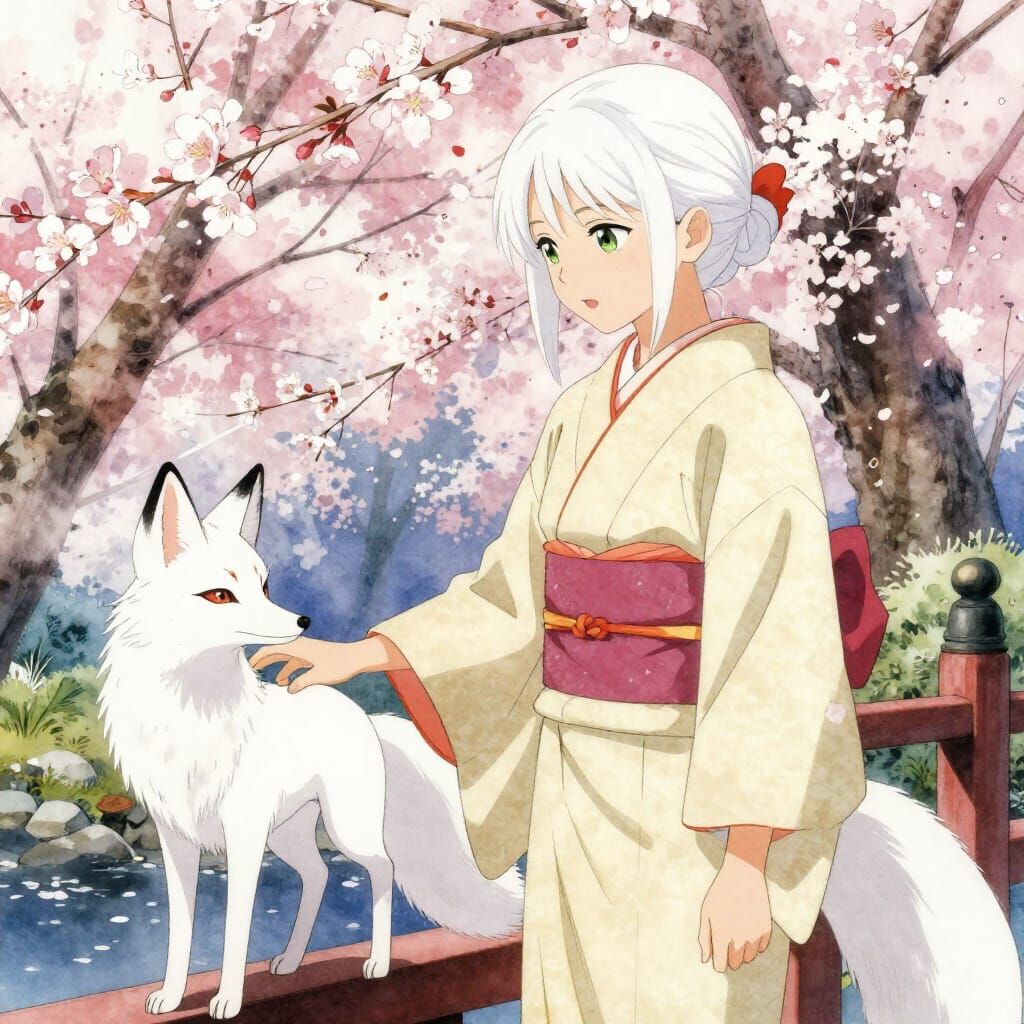 Woman Petting Fox in Cherry Blossom Garden Anime Style