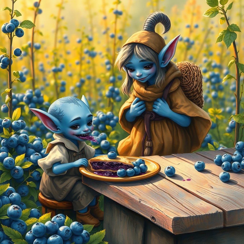 blue female goblin and blue goblin daughter eating blueberry pie
