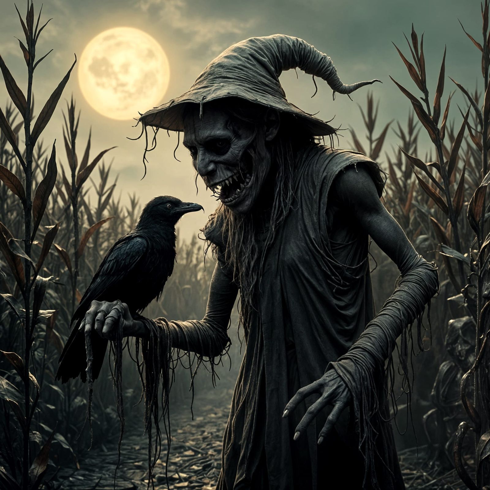 Eerie Scarecrow with Dead Crow: 80s Slasher Art