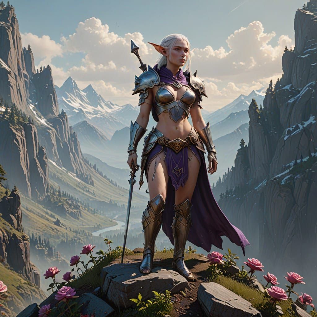 Albino Elf Warrior on Mountain Peak, Dark Fantasy Art