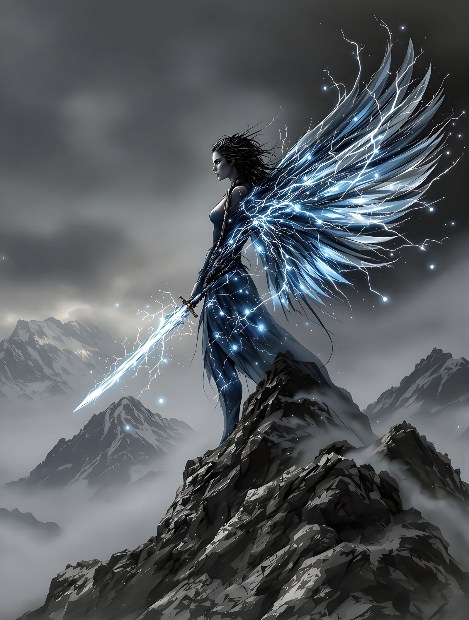 Storm-Winged Mountain Goddess in Digital Charcoal