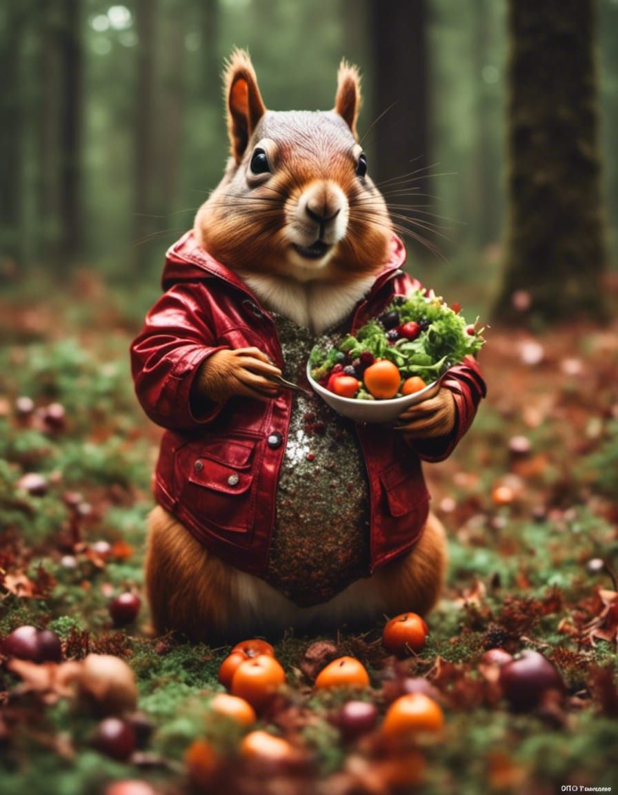 Comical Obese Squirrel Making Acorn Salad