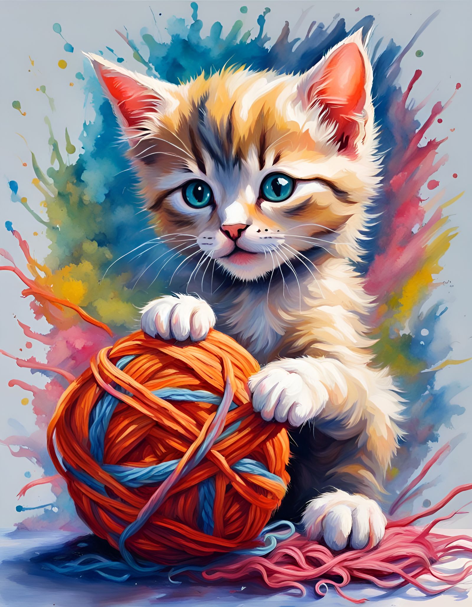 Fairycore Kitten Playing: Splash Art Gouache Painting
