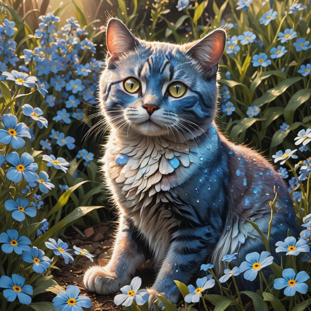 Hyperrealistic Blue Cat in Forget-Me-Nots Patch