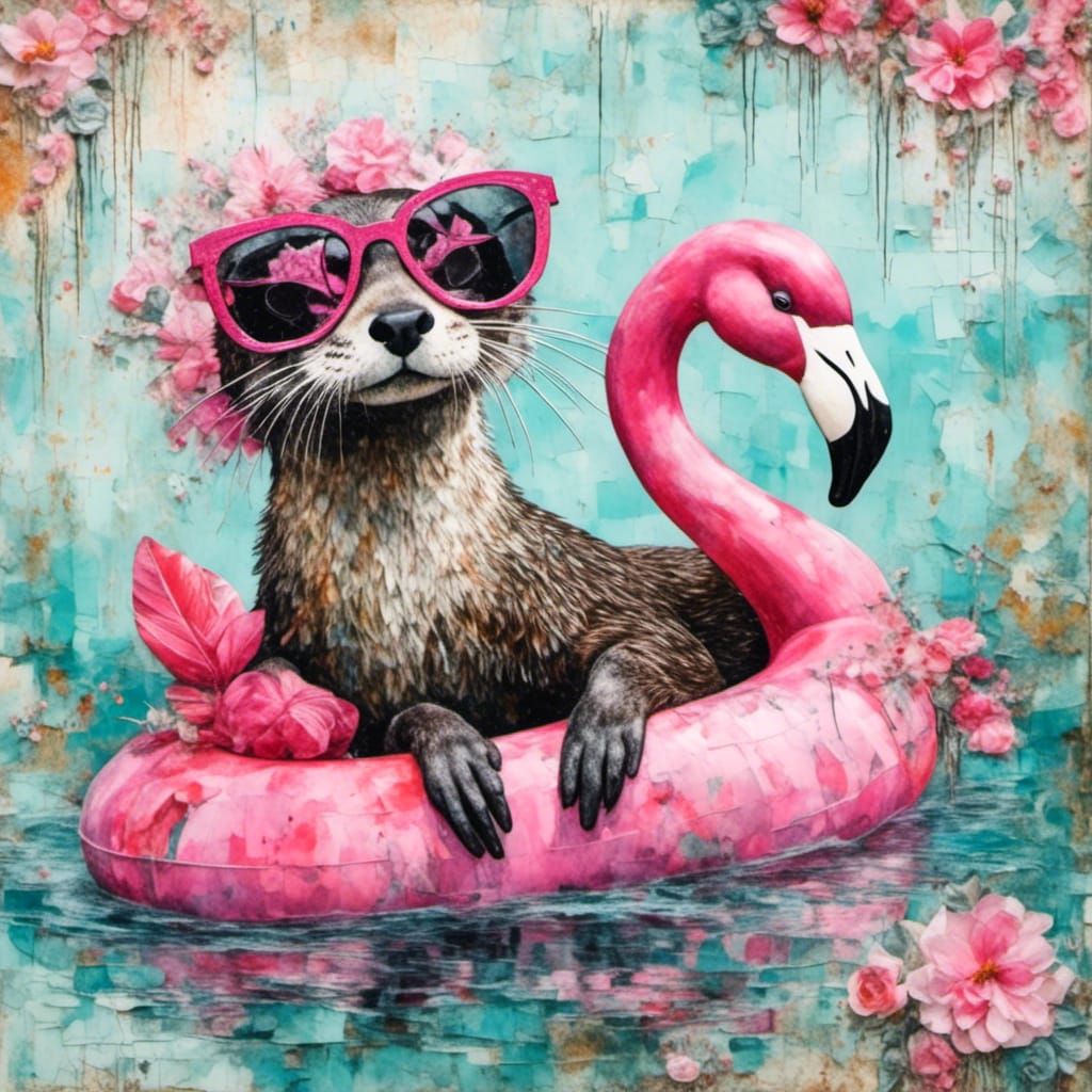 Whimsical Otter in Sunglasses on Flamingo Floatie