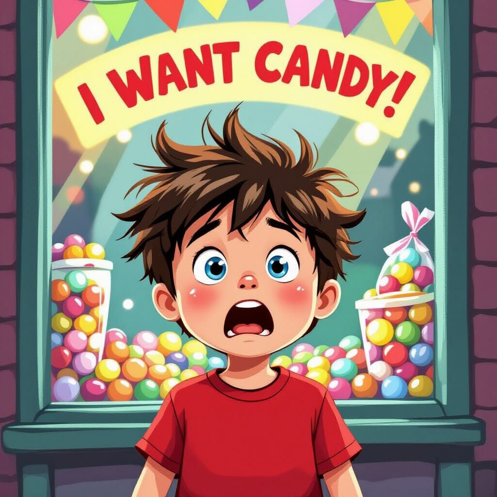 Boy Demands Candy in Vibrant Digital Art Style