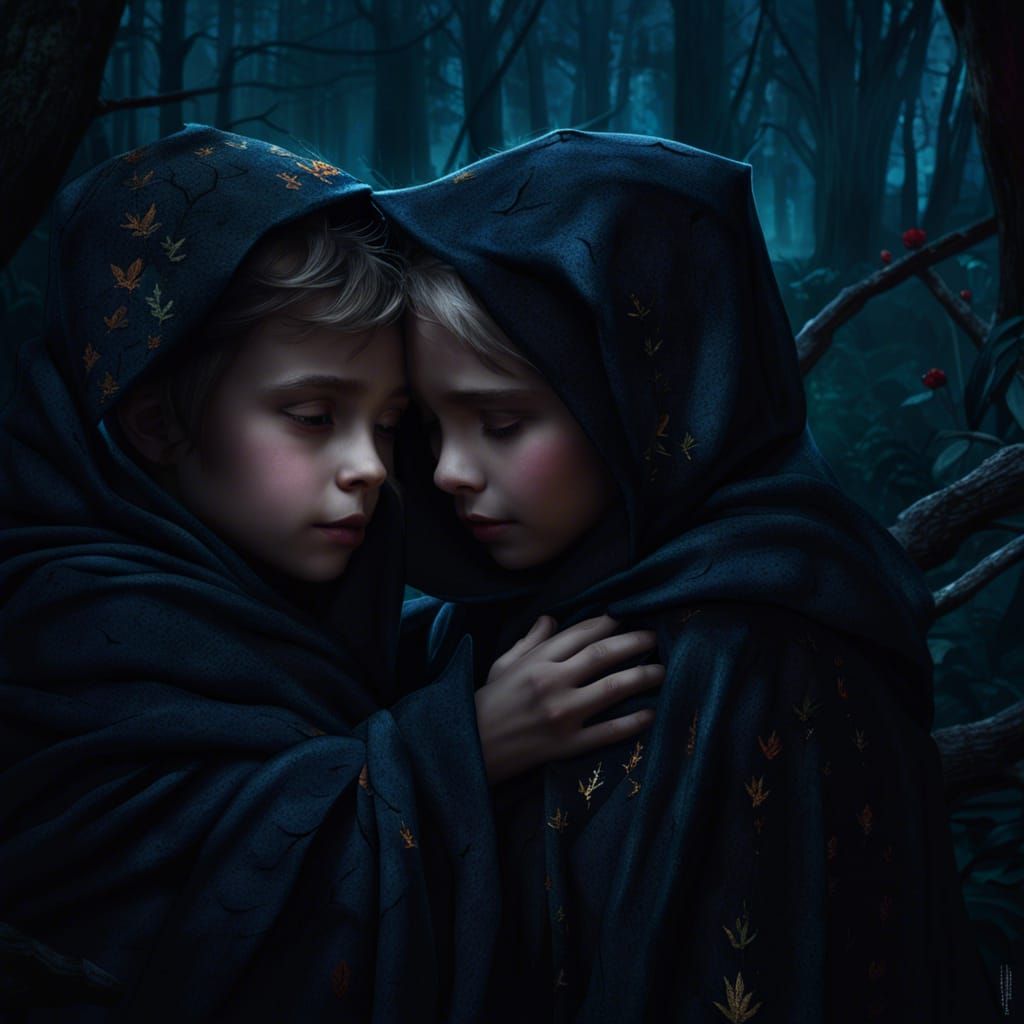 Children Comforting Each Other in Dark Forest