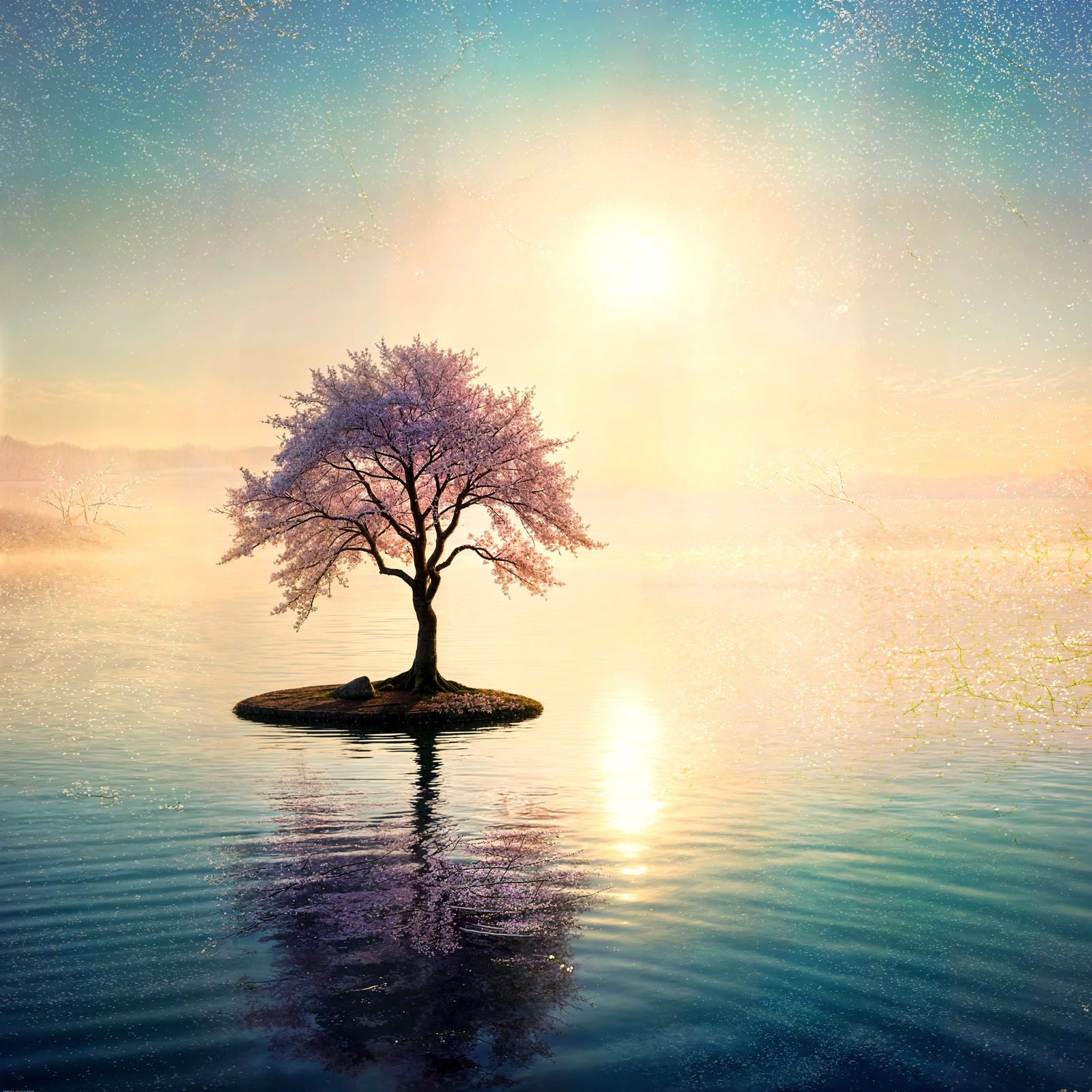 Serene Dawn Landscape with White Cherry Blossom Tree