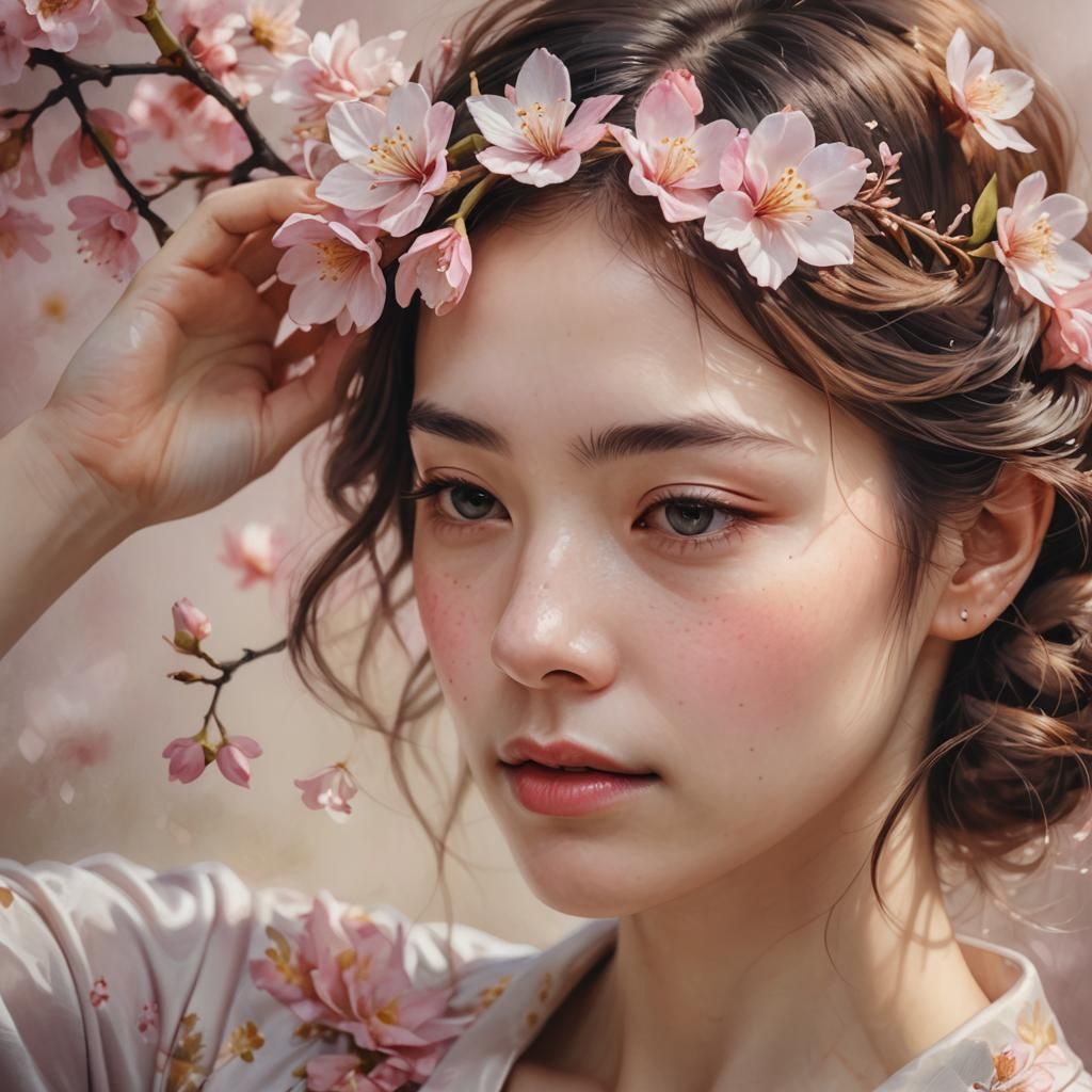 Oshibana Portrait with Pressed Flowers in Hair