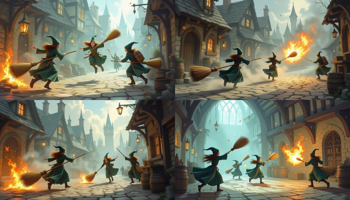 Elven Younglings Test Flying Brooms in Fantasy Scene
